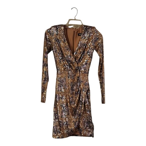 NWT Nookie Forever Long Sleeve Sequined Mini Dress Yellow Multicolor Size S - Picture 1 of 8